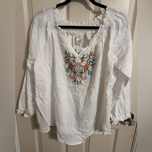 Cracker Barrel Embroidered Peasant Tunic Top Elastic Neck & Sleeve, White, L NWT